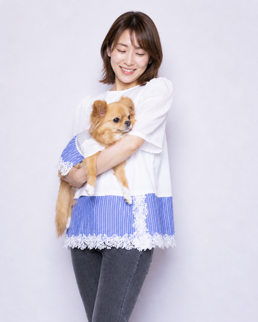 Satin Docking Pullover Set【Dog & People】/ White & Blue